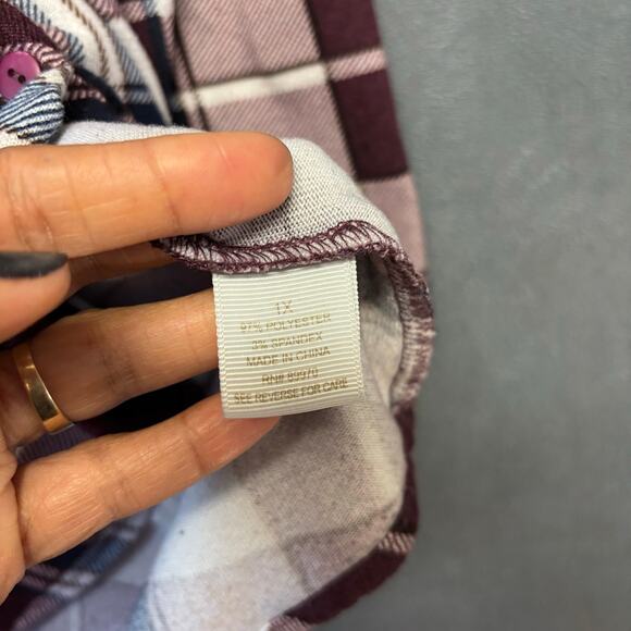 Eden & Olivia 1X Plaid Button Front Tunic Top Burgundy Navy Soft Stretch Country - Picture 6 of 11